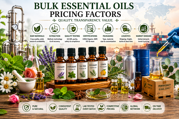 Bulk essential oils pricing factors including raw materials, quality testing, and manufacturing costs