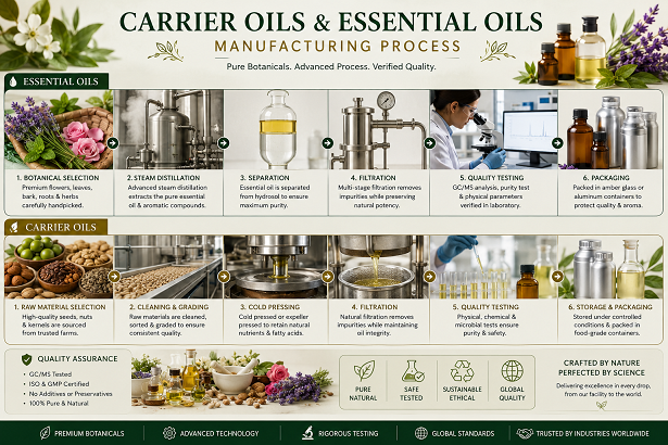 Carrier oils and essential oils manufacturing process with botanical ingredients and quality testing