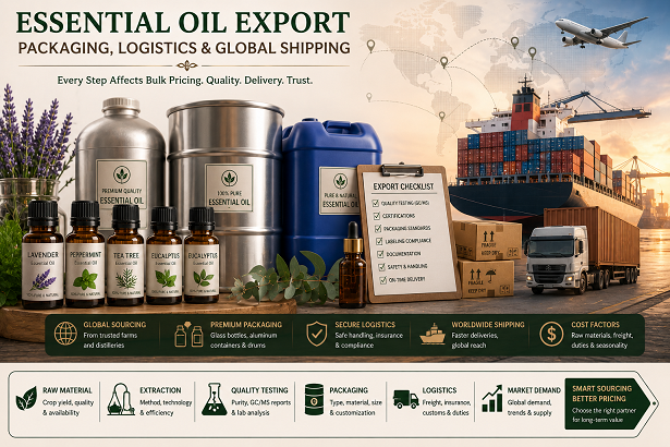 Essential oil export packaging, logistics and international shipping affecting bulk pricing