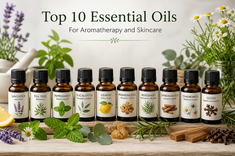 Top essential oils collection for aromatherapy and skincare