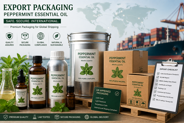 Export packaging of peppermint essential oil for international shipping