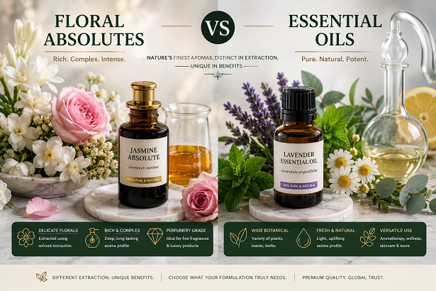 Comparison of floral absolutes and essential oils with flowers and aromatic botanicals