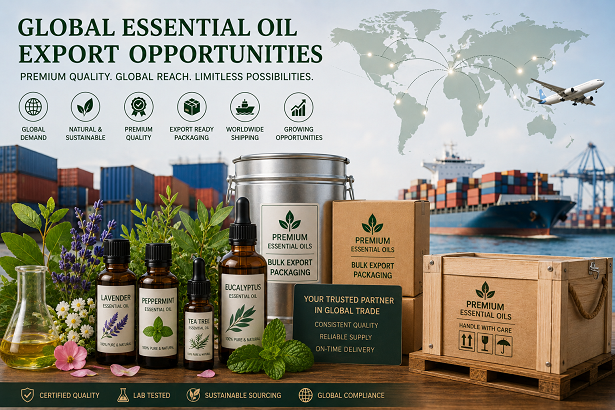 Global essential oil export opportunities with international trade and premium packaging