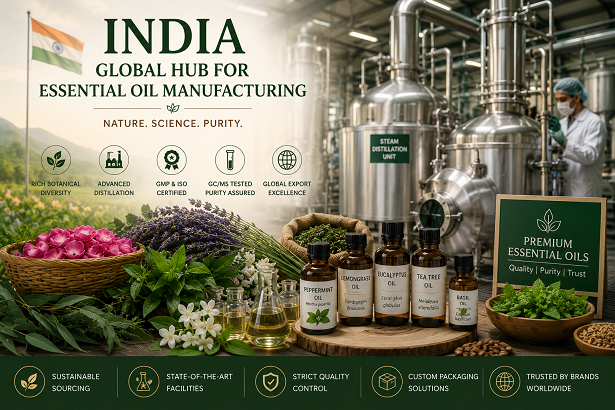 India essential oil manufacturing facility with botanical raw materials and distillation process