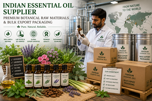 Indian essential oil supplier with premium botanical raw materials and bulk export packaging