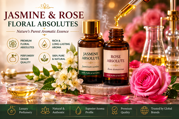 Premium jasmine and rose floral absolutes used in luxury perfumery