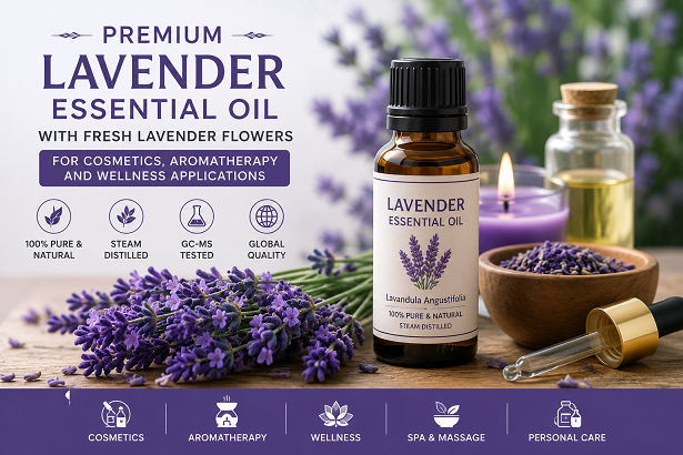 Premium lavender essential oil with fresh lavender flowers for cosmetics aromatherapy and wellness applications