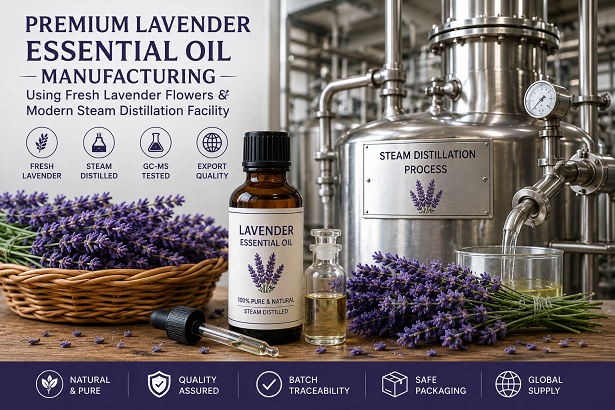 Premium lavender essential oil manufacturing using fresh lavender flowers and modern steam distillation facility