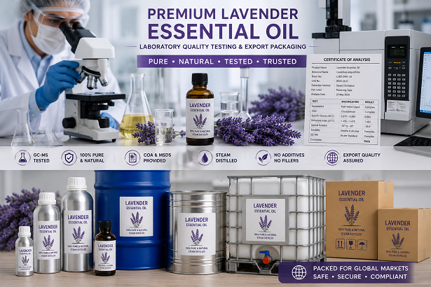 Laboratory quality testing and export packaging of premium lavender essential oil