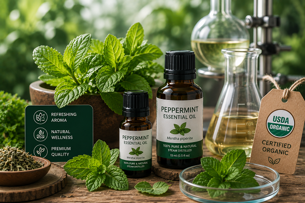 Peppermint essential oil with fresh mint leaves and botanical ingredients