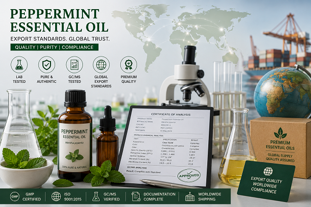 Peppermint essential oil export standards with laboratory testing and international quality control