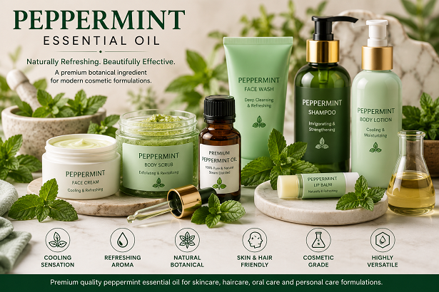 Peppermint essential oil used in cosmetic products with fresh mint leaves and natural botanical ingredients