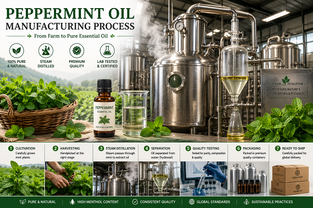 Peppermint oil manufacturing process with fresh mint leaves and steam distillation equipment