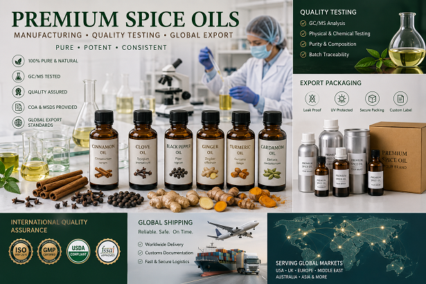 Premium spice oils manufacturing laboratory quality testing export packaging and international quality assurance