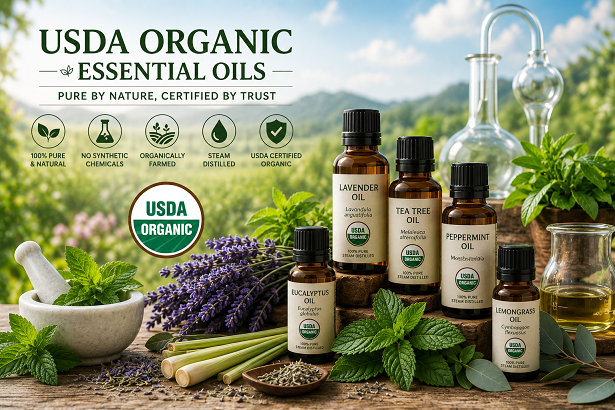 USDA Organic essential oils with natural herbs and botanical ingredients
